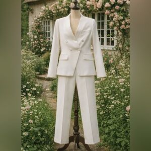 Judith & Charles Elegant White Designer Suit, Blazer & Pant, Satin detail Set